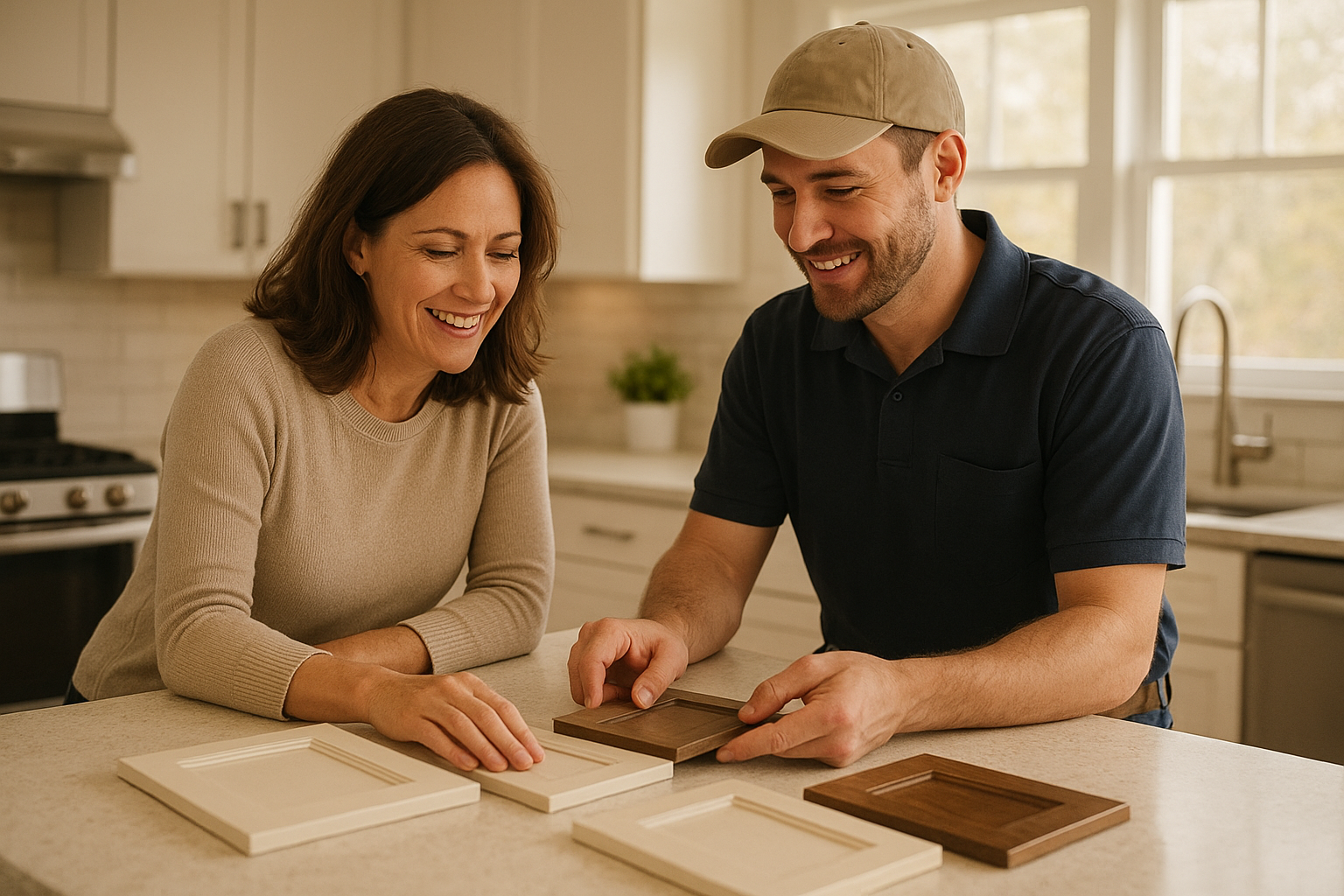 Homeowner reviewing finish samples during a fast cabinet refacing consultation