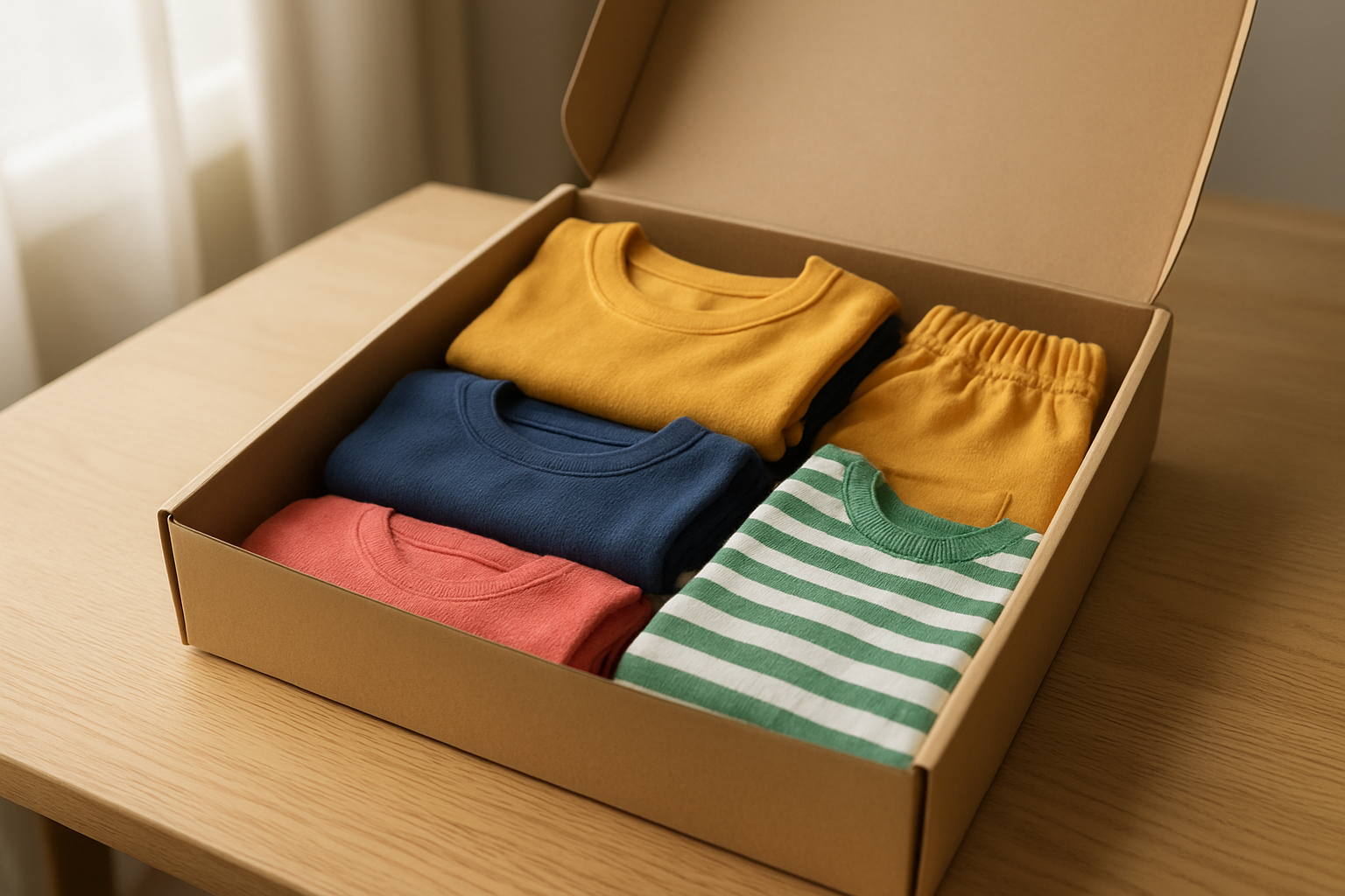 Curated sustainable kids apparel delivery bundle in an open box on a wooden table