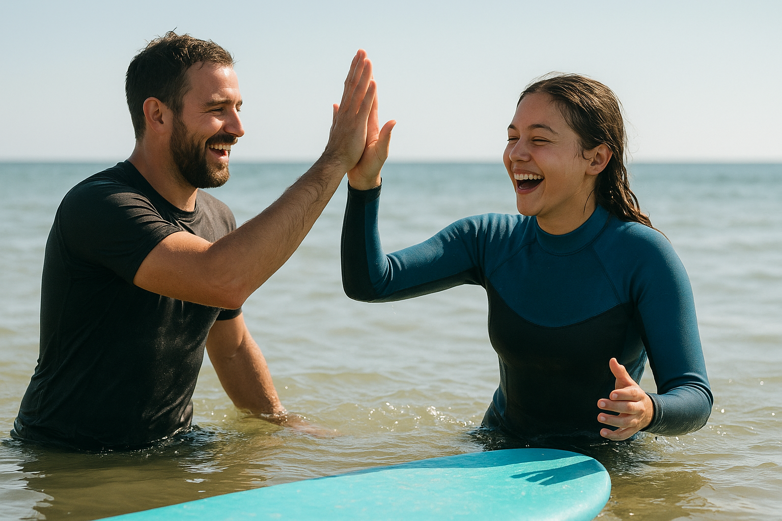 Instructor and beginner surfer celebrating after practicing skills learned in a surf safety workshop