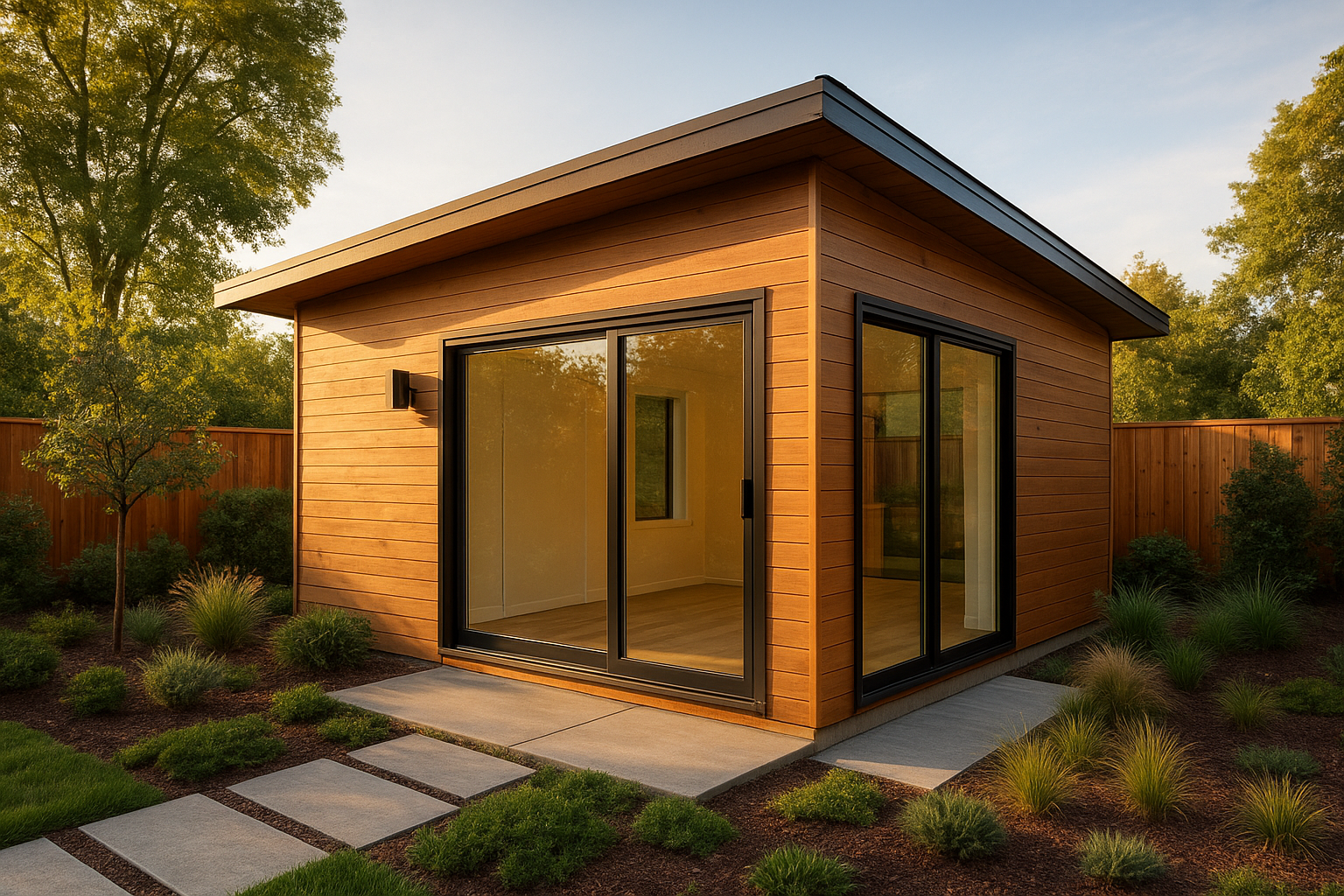 Detached backyard ADU with modern exterior finishes in an Orange County neighborhood