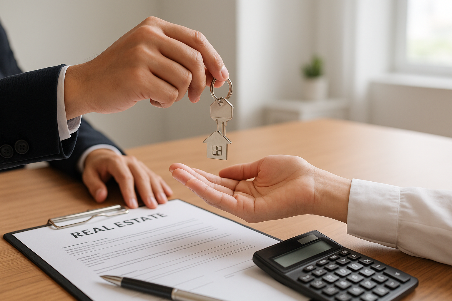 Hands exchanging house keys and reviewing documents during a divorce home sale
