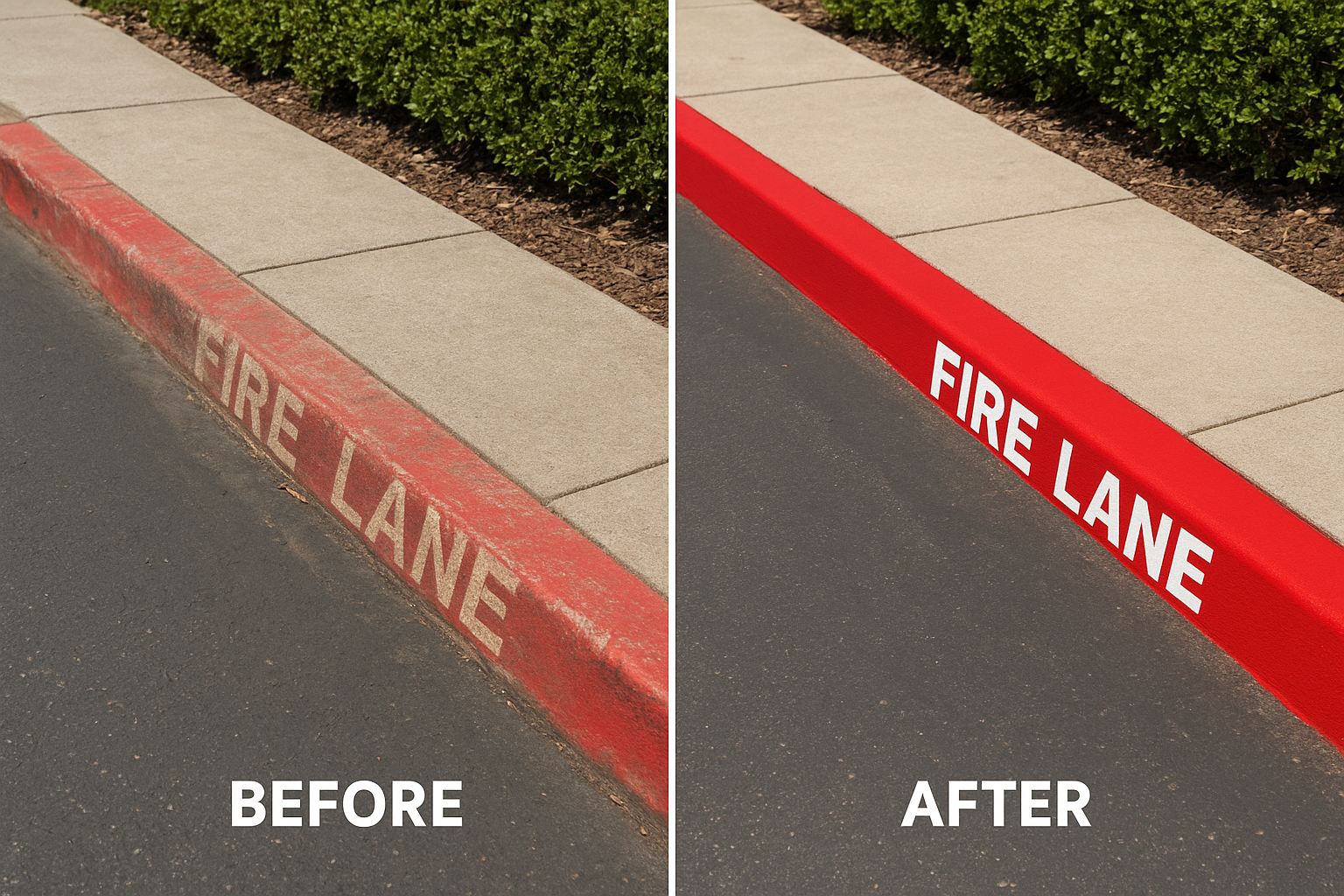 Before and after fire lane striping detail refresh showing faded old markings versus bright fresh red curb paint