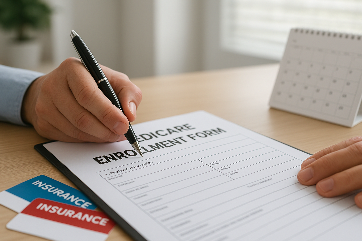Hands completing a Medicare Advantage enrollment form during the annual enrollment period