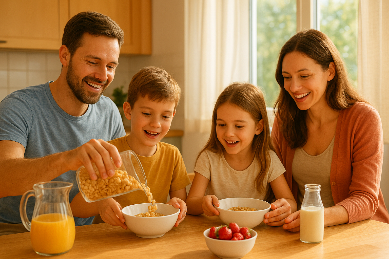Family enjoying breakfast cereal together in a bright kitchen with organic cereal boxes on the table