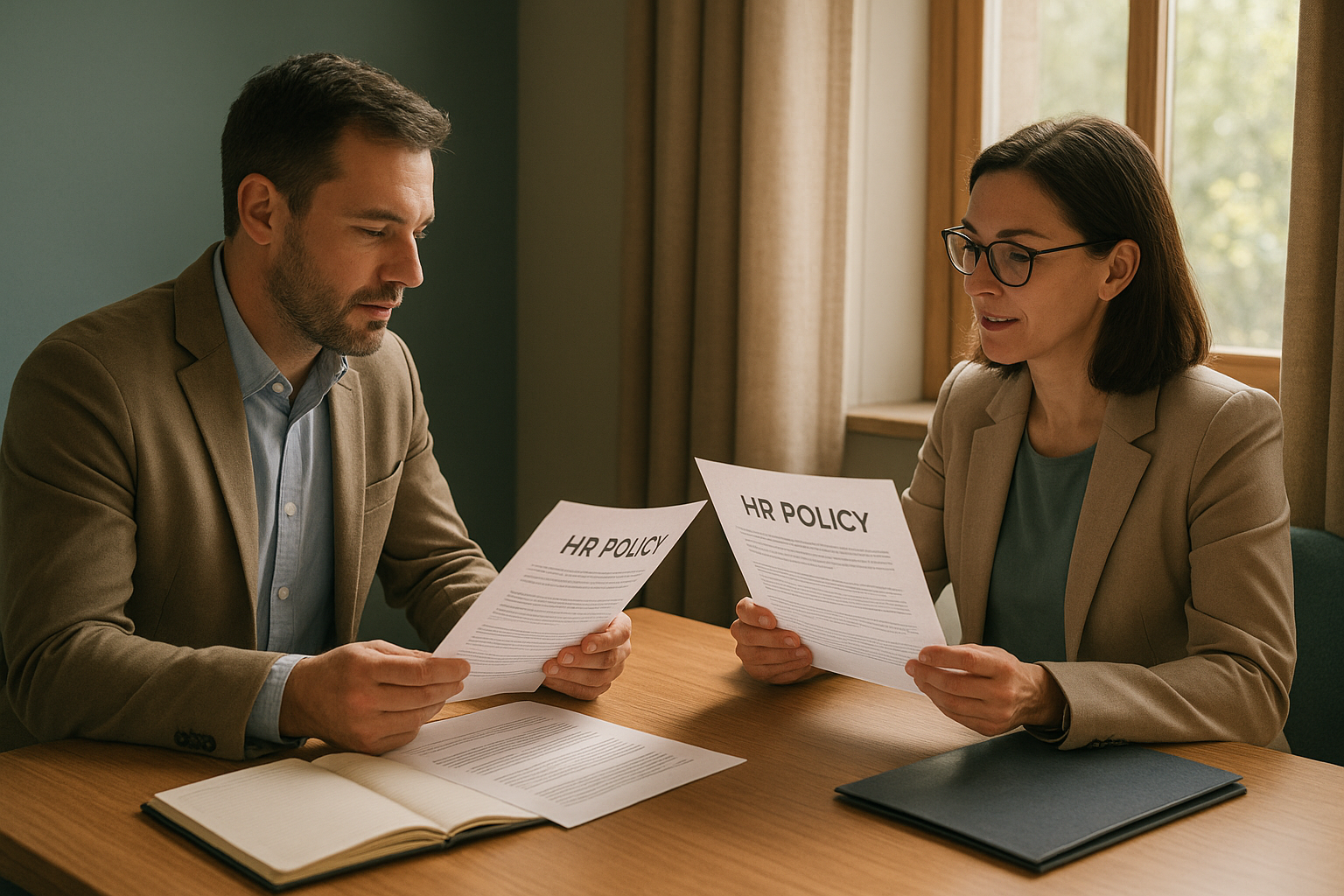 Business owner reviewing HR consulting services with an advisor, comparing options like sdhr consulting