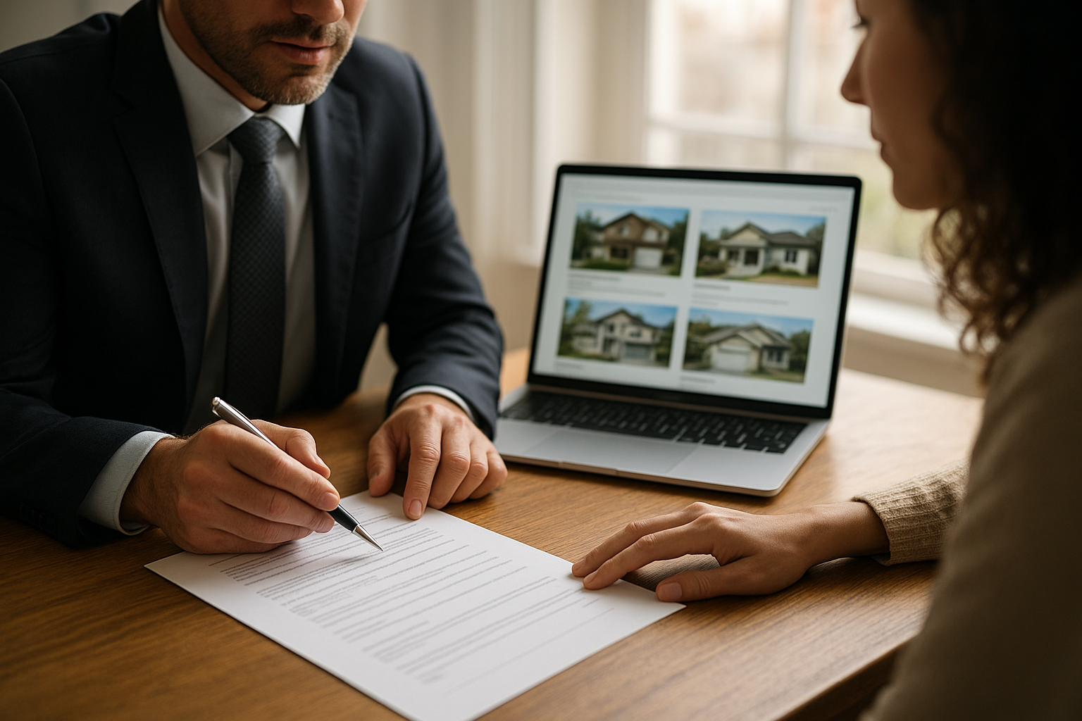 Real estate agent reviewing HUD homes for sale listings with a client
