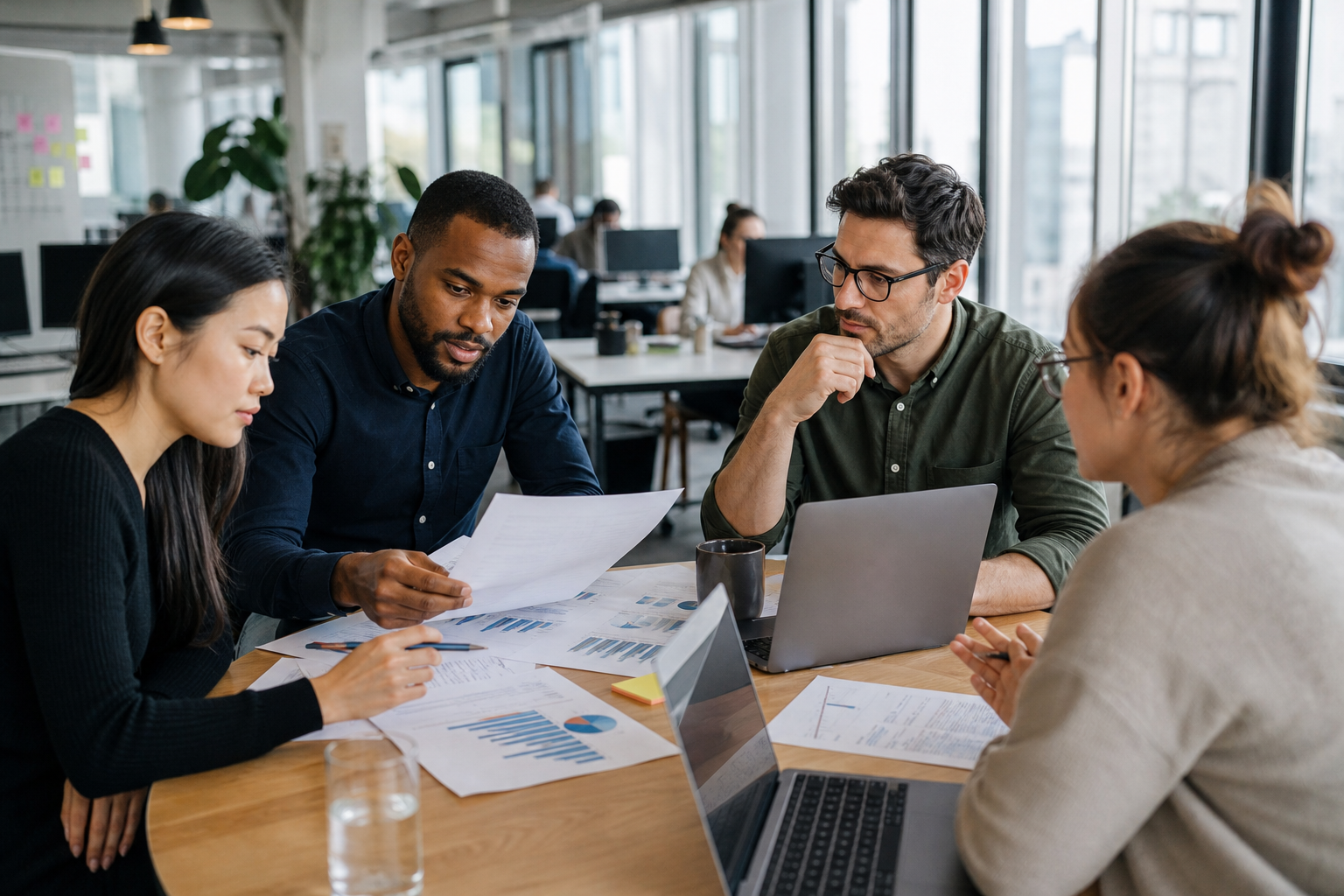 HR consulting for tech companies team reviewing policy documents in a modern office