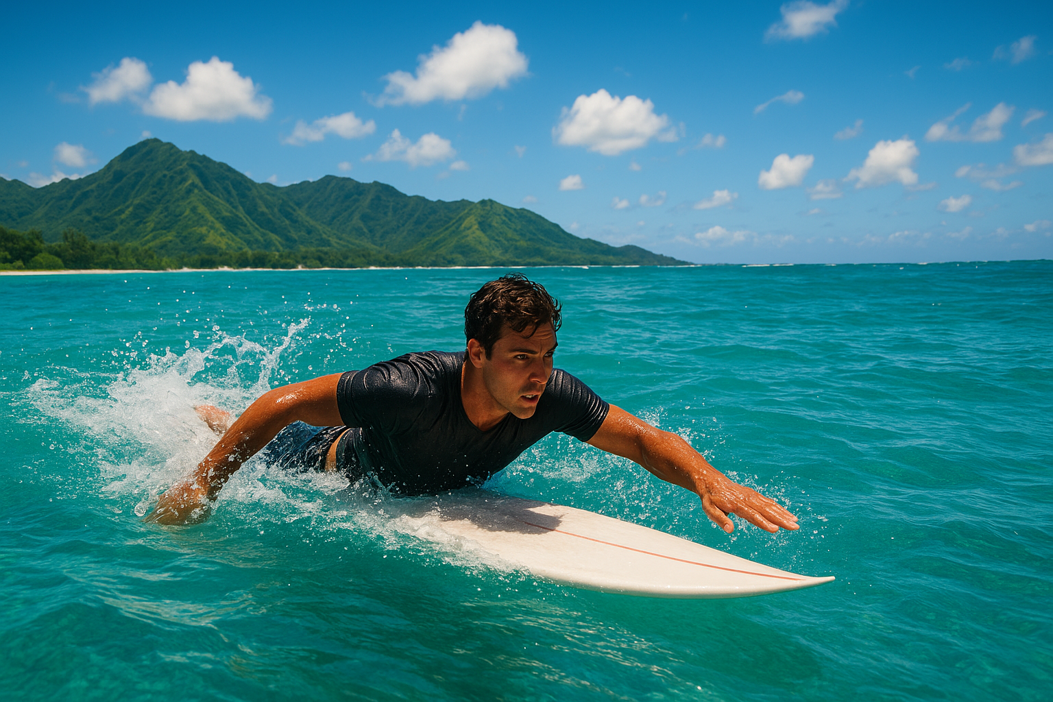 Surfer paddling through Hawaii waves after completing surf fitness training