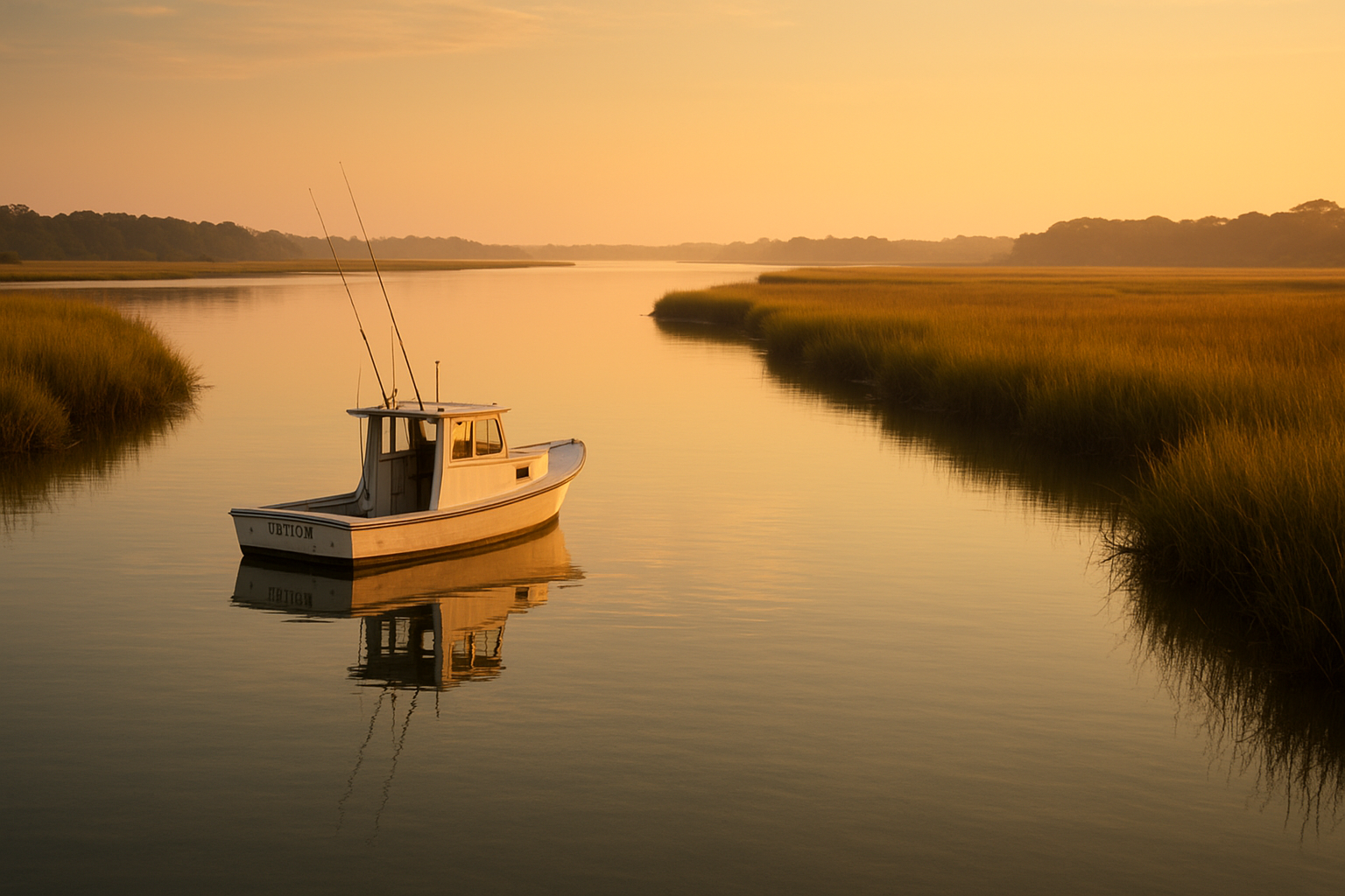 Private inshore fishing charters Sunset Beach boat drifting through a calm marsh creek at sunrise