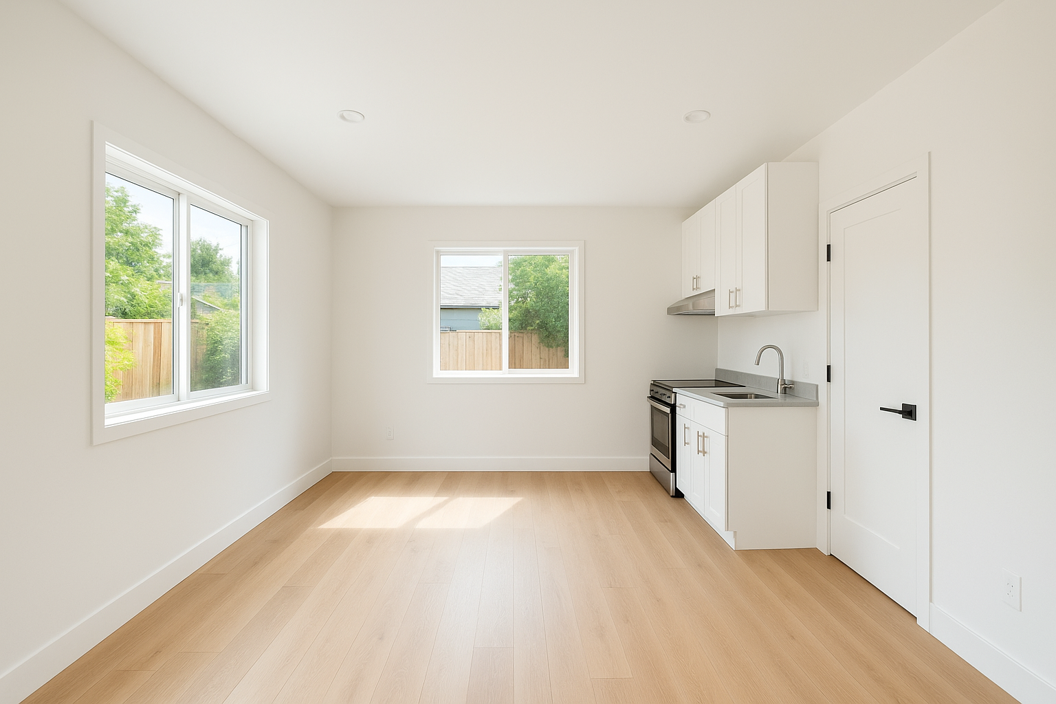 Finished interior of a residential ADU studio with modern kitchenette and hardwood floors