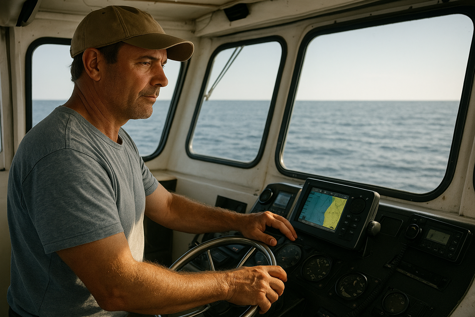 Licensed charter captain checking navigation instruments before a Murrells Inlet fishing trip