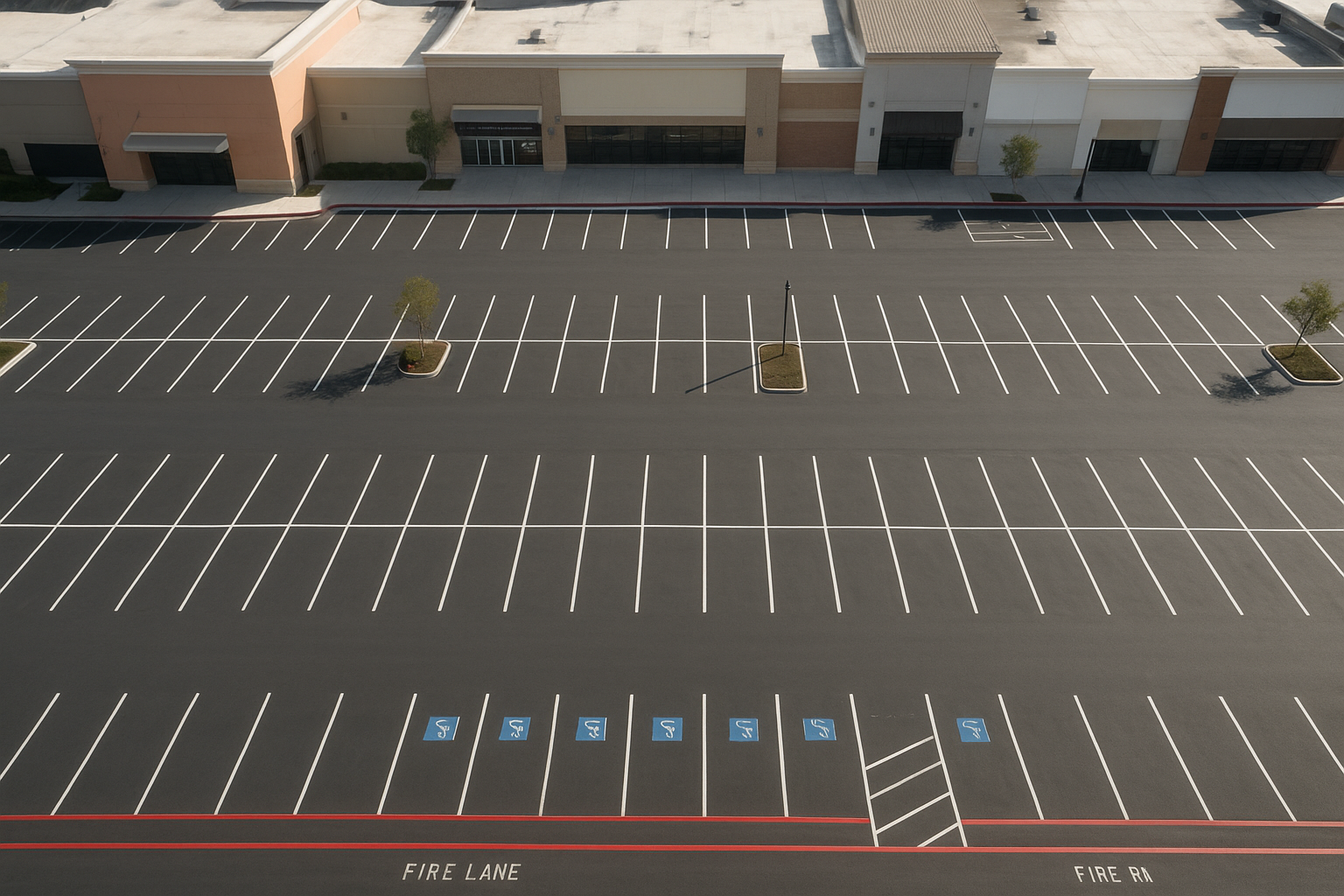 Aerial view of a large commercial parking lot with complete asphalt striping layout including ADA spaces, fire lanes, and directional arrows