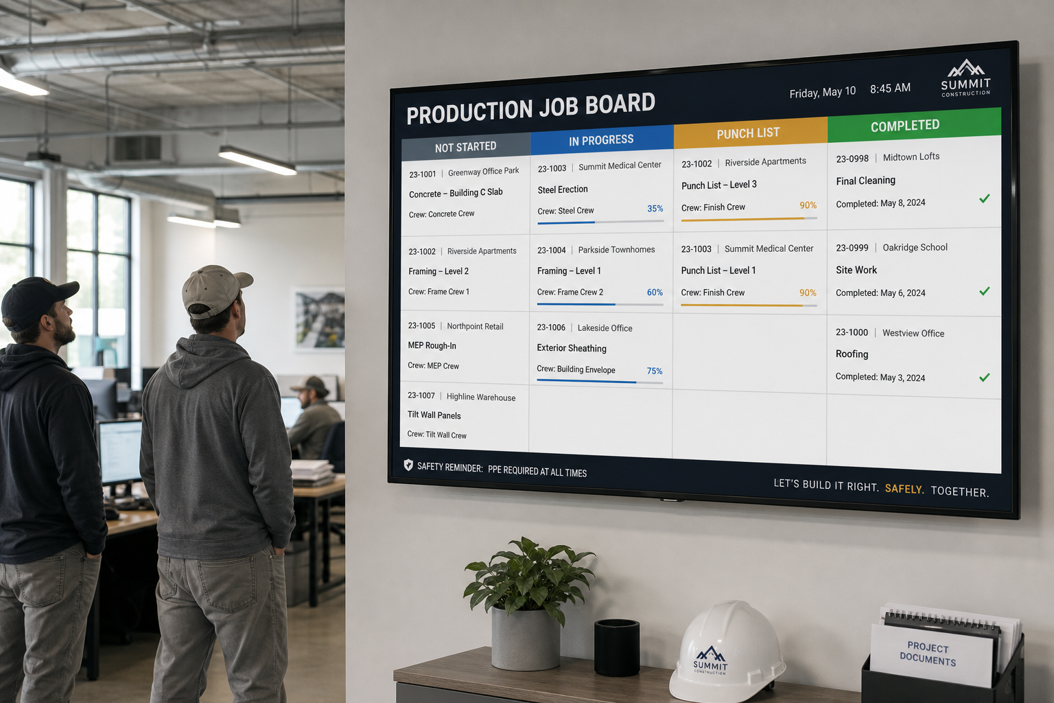 Production job board on a TV screen used alongside sales pipeline software for home improvement crews