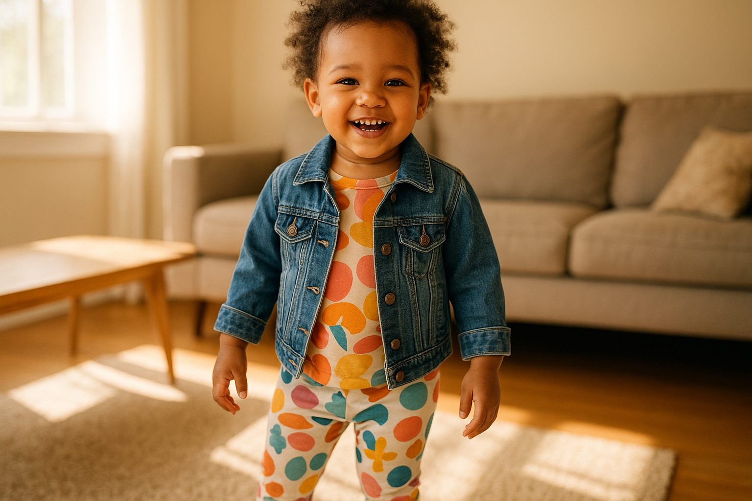 Young child wearing a stylish rented outfit including patterned leggings and a denim jacket at home