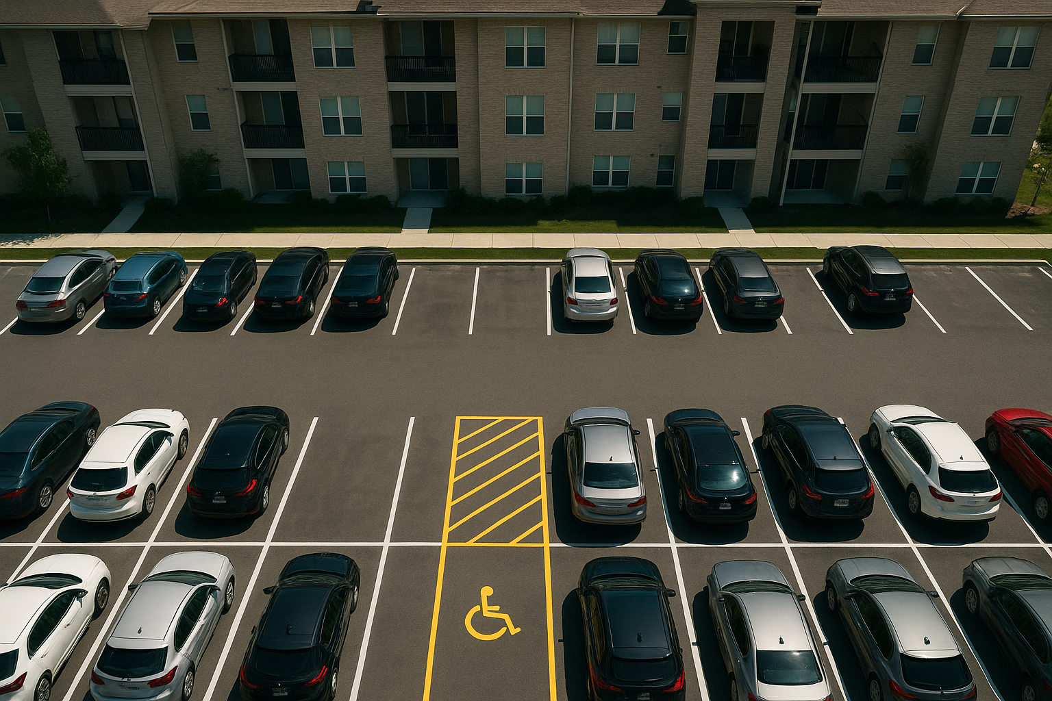 Aerial view of ADA compliant residential parking lot striping in a Texas community