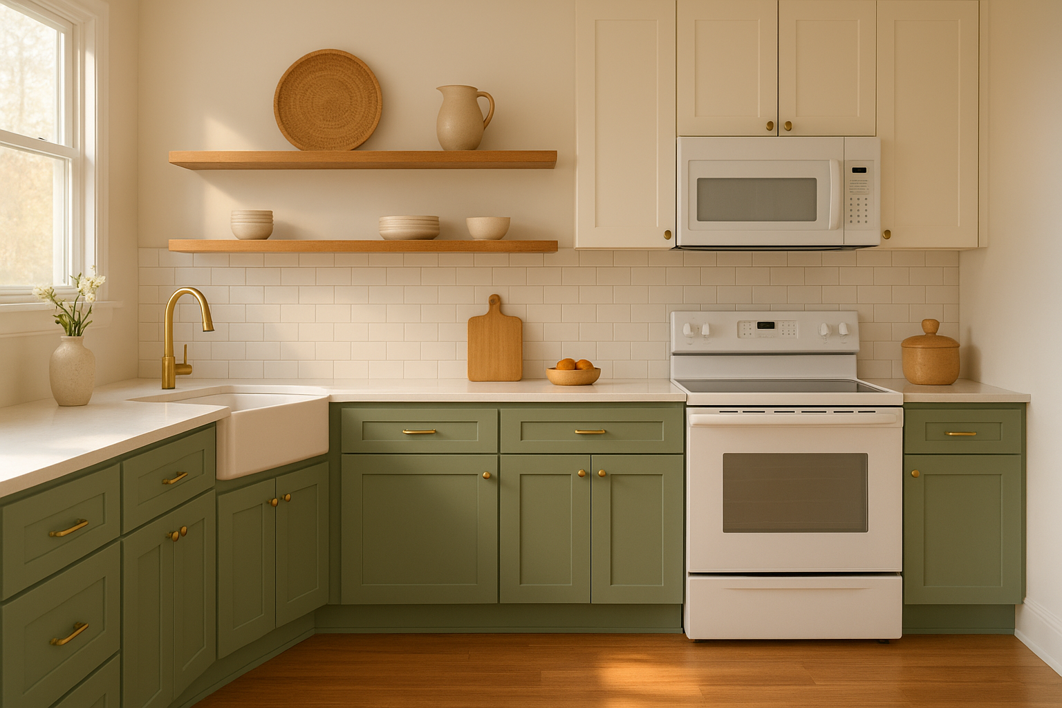 Finished sage green lower kitchen cabinet refacing with brass hardware
