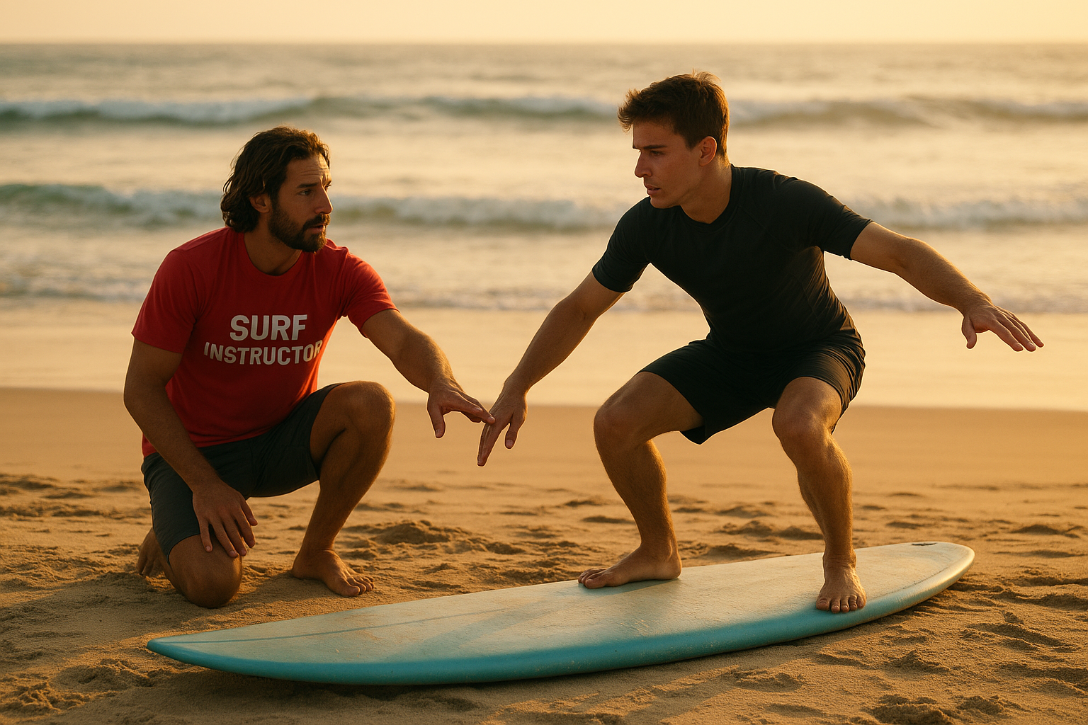 Surf instructor coaching stance technique before an athletic beginner surf class