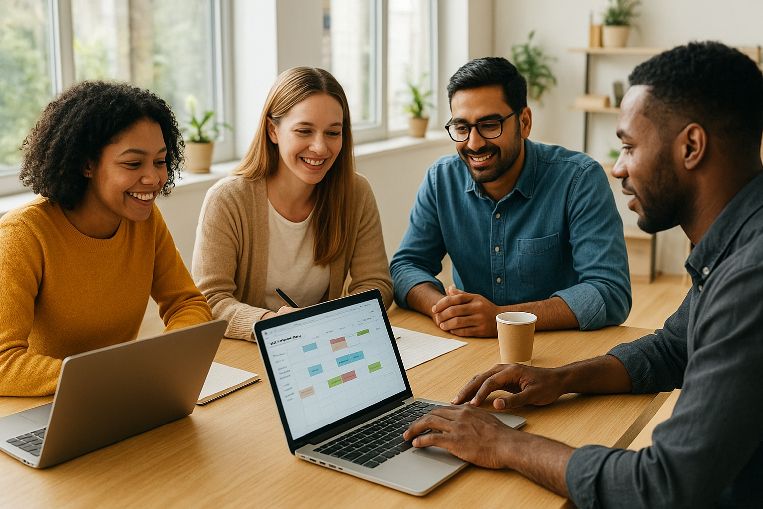 Marketing team reviewing creator outreach campaign results on laptop screens