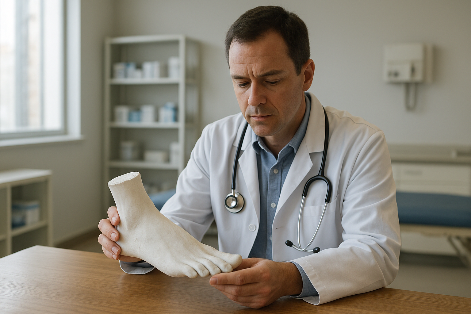 Podiatrist reviewing a custom foot mold used to fabricate orthotic insoles