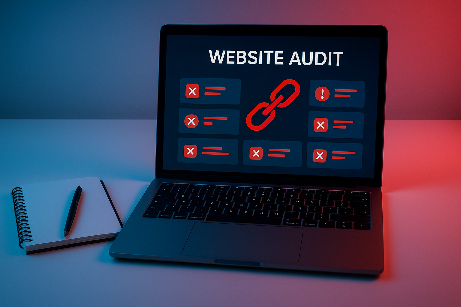 Website dashboard showing broken link testing results with 404 error indicators