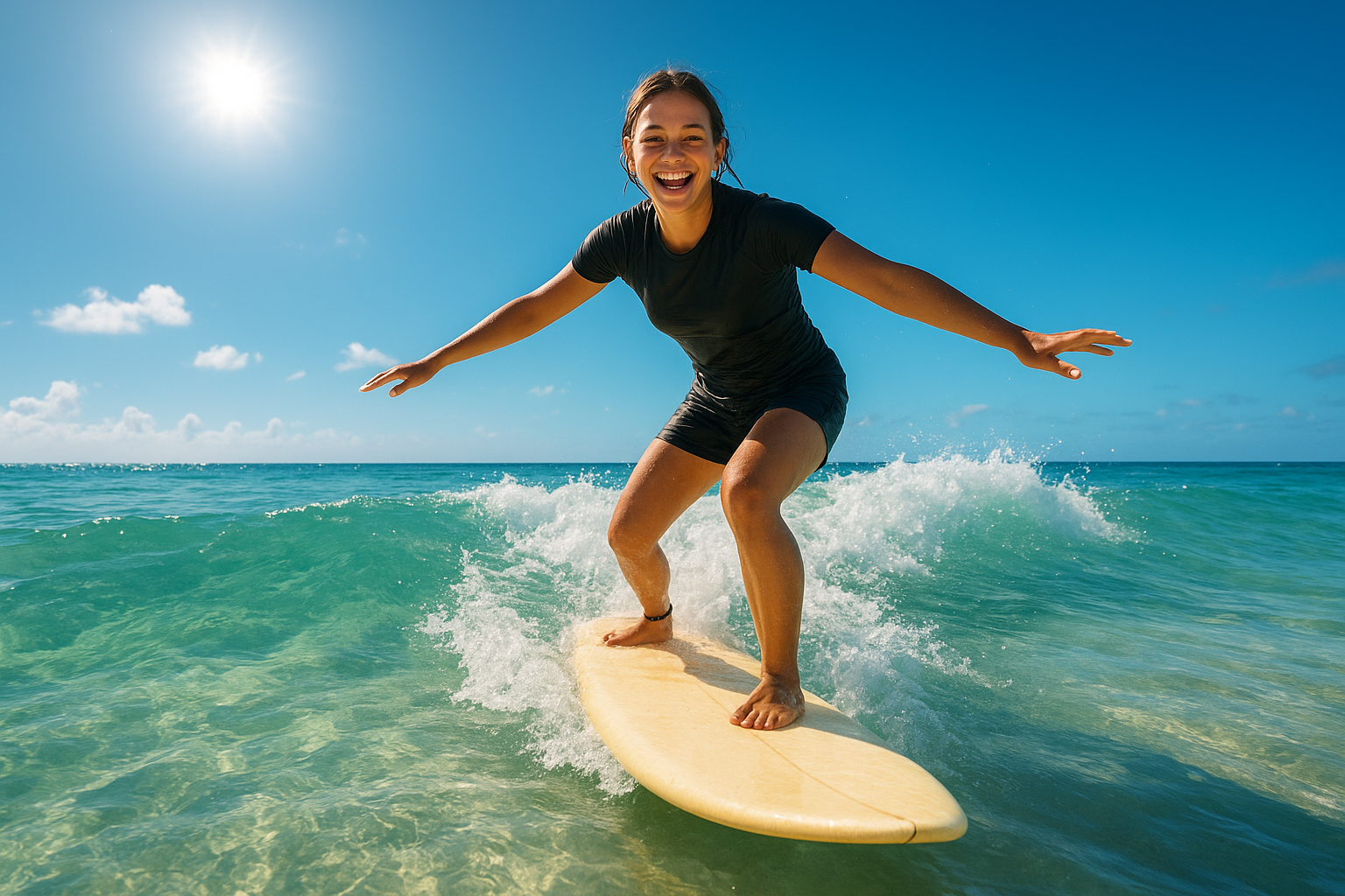 Beginner surfer standing on a surfboard and riding a wave during an immersive surfing experience