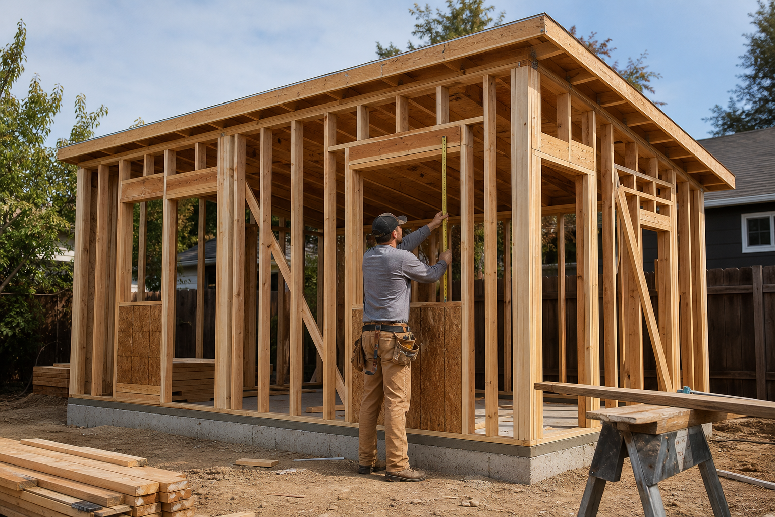 Detached ADU construction framing underway in a Riverside County backyard