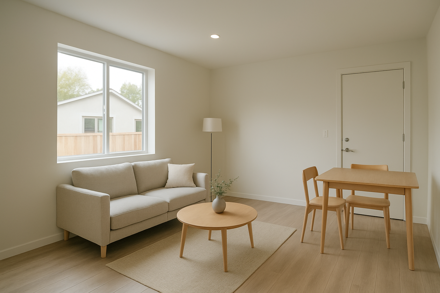 Finished garage conversion ADU interior with modern flooring and natural light