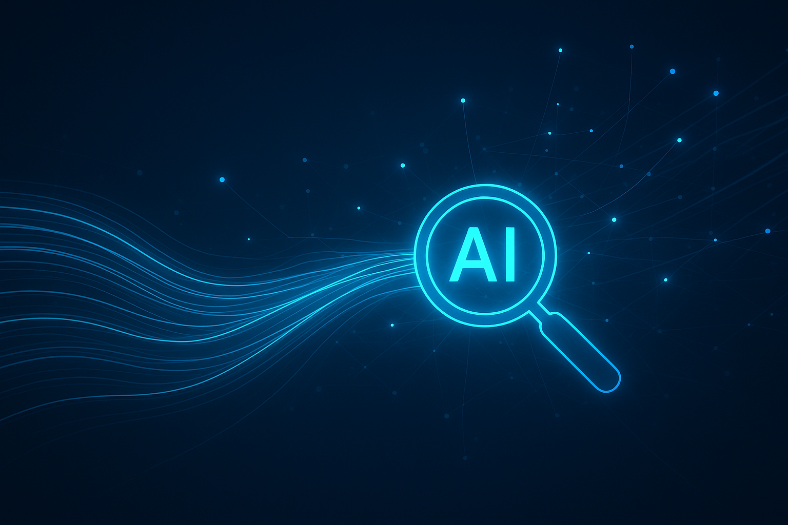 Abstract digital illustration of AI-powered search traffic flowing through a network of connected nodes