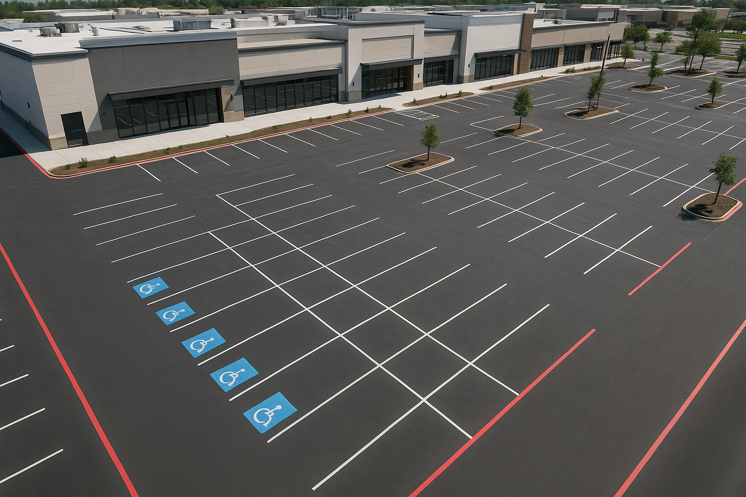 Aerial view of commercial parking lot showing fire lane curbs and ADA striping in Texas