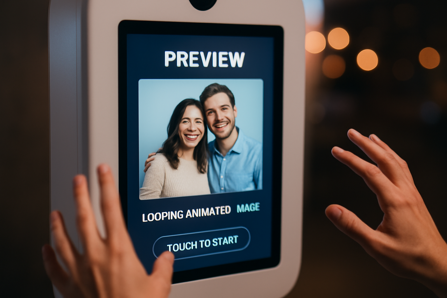 Photo booth touchscreen showing a looping animation preview at an event