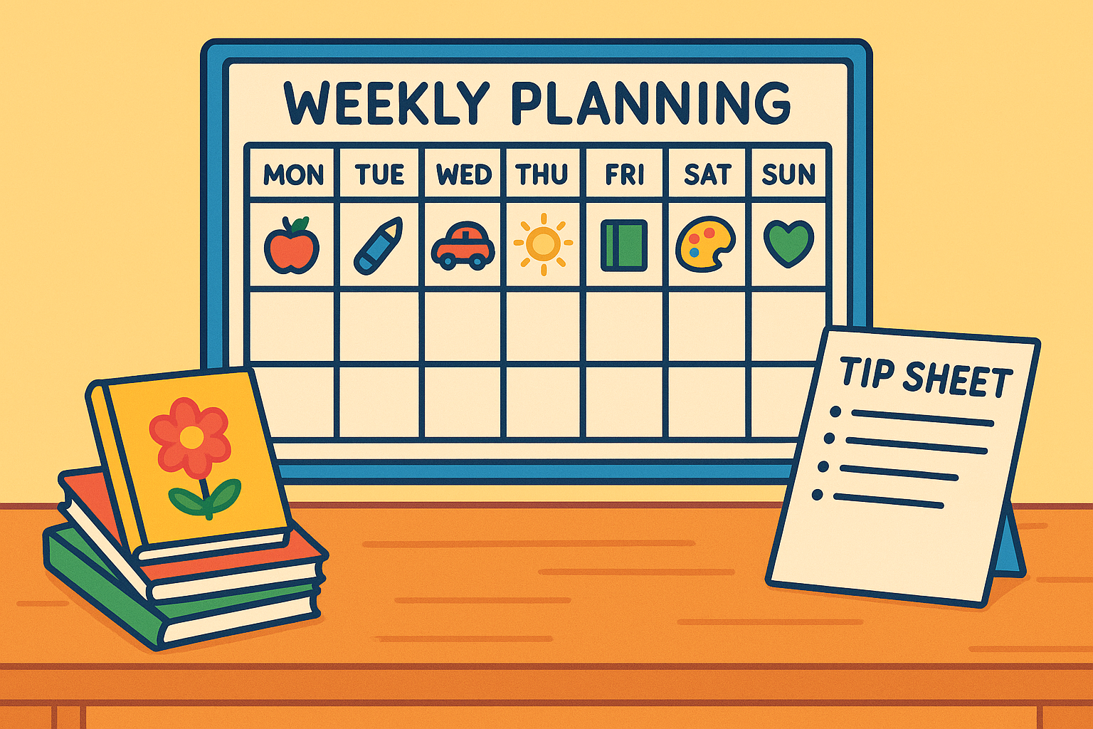 Weekly planning calendar and tip sheet used for core vocabulary activities at home and school
