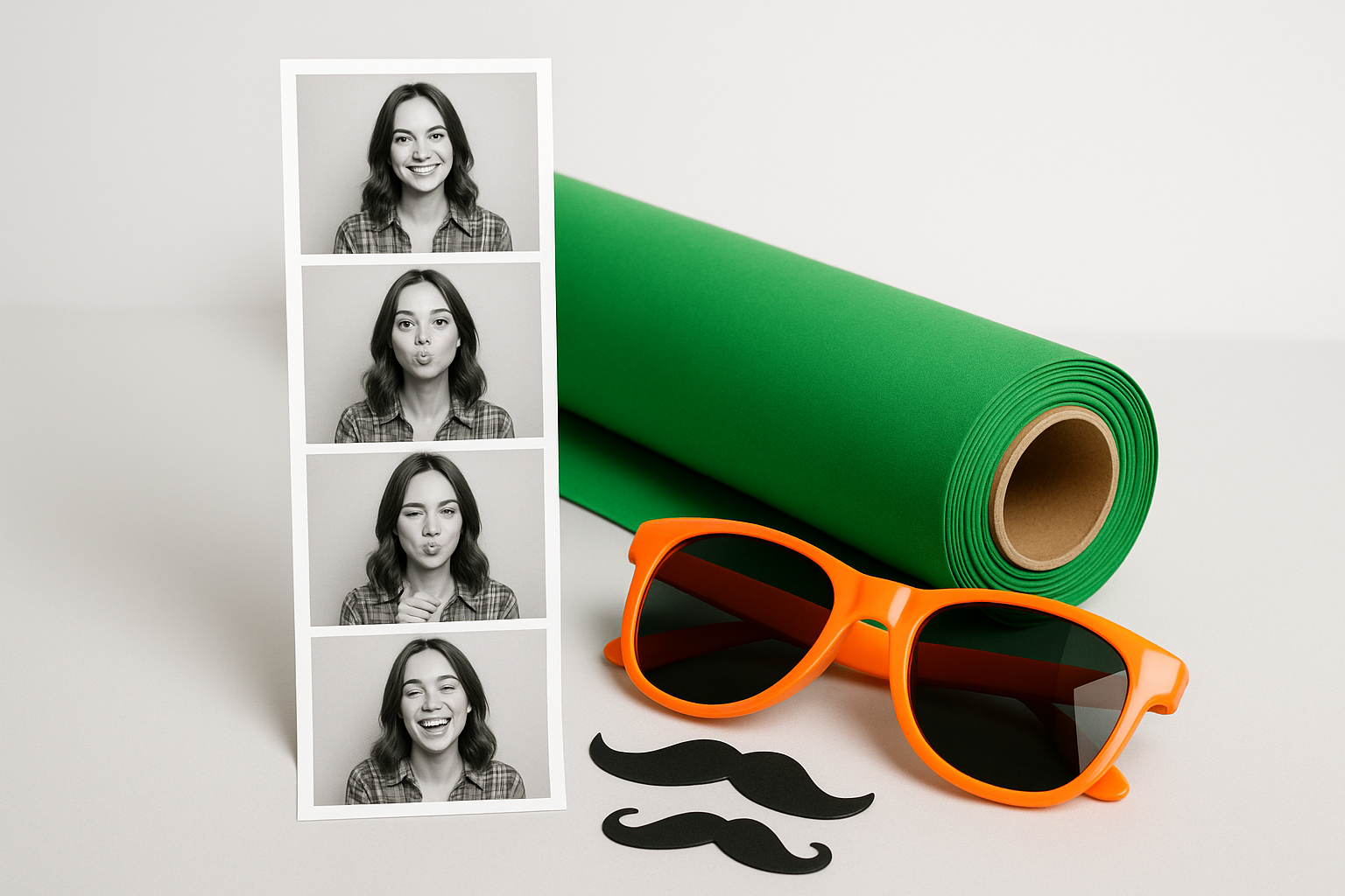 Photo booth prop table and printed photo strip add-ons available for Indiana events