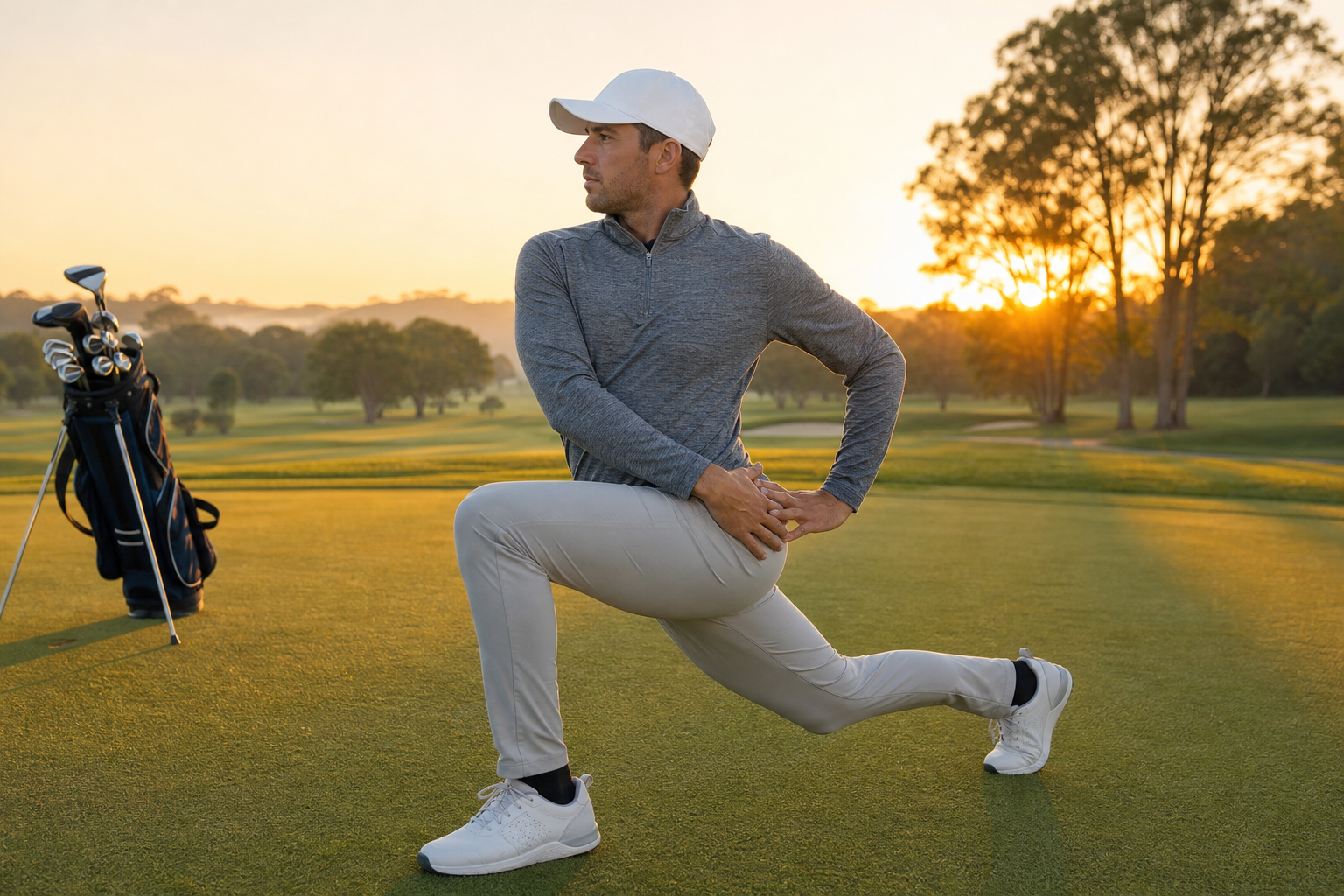 Golfer performing dynamic hip mobility stretch before swing training session