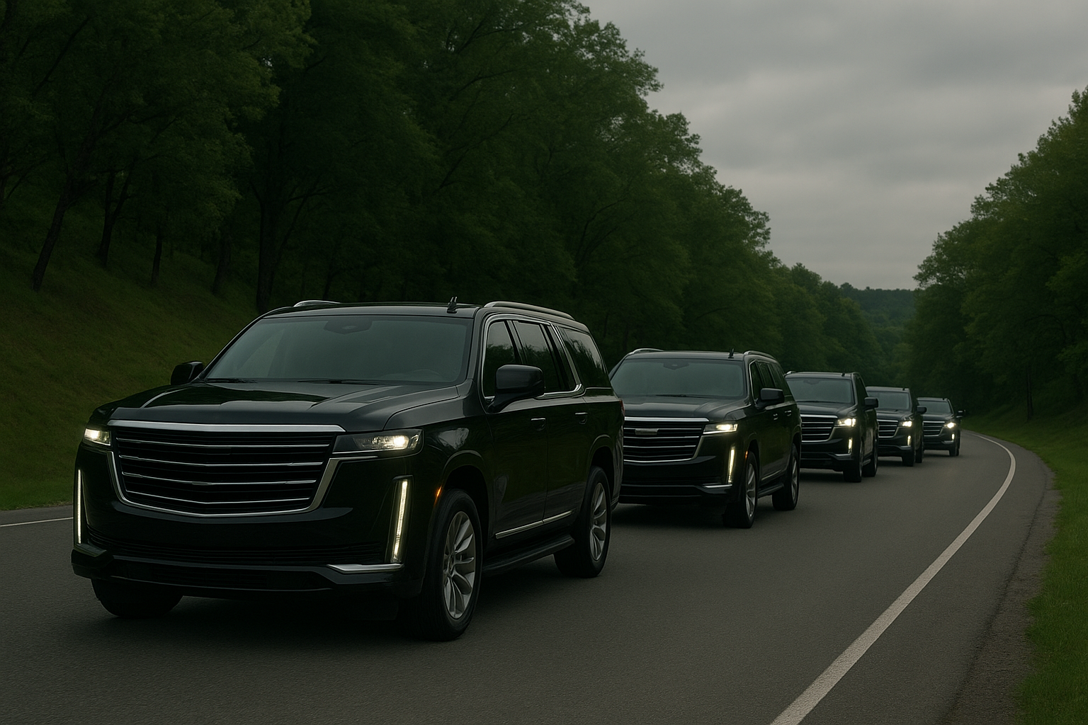 Line of executive SUVs in a formal funeral procession on a tree-lined hillside road