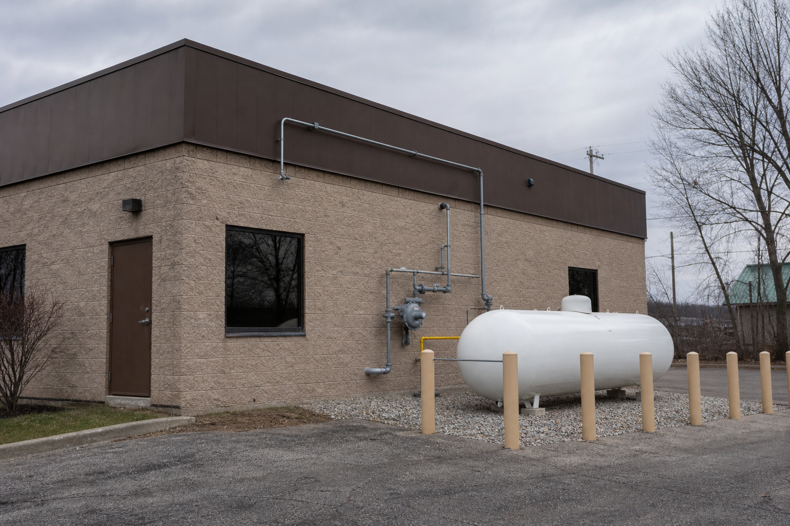 Commercial building exterior showing an LP gas storage tank and exterior gas piping