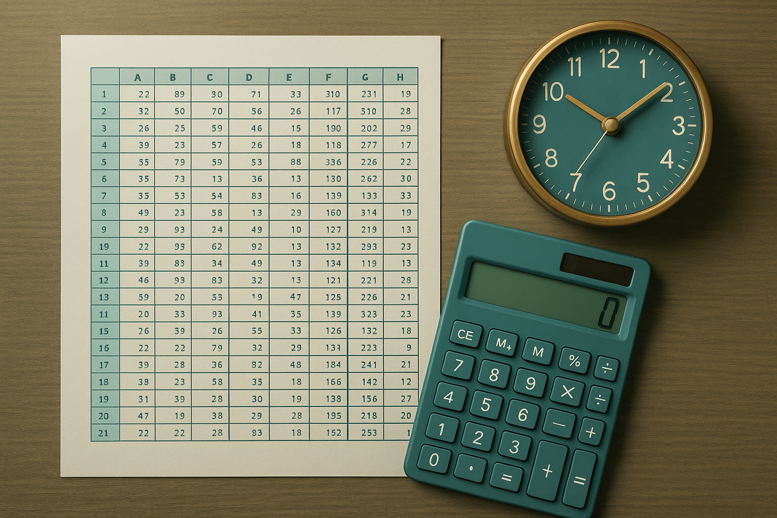Spreadsheet, calculator, and clock representing FTE calculation for compliance reporting