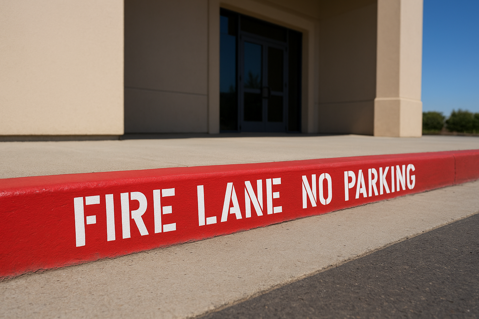 Red fire lane curb marking beside a commercial parking lot entrance