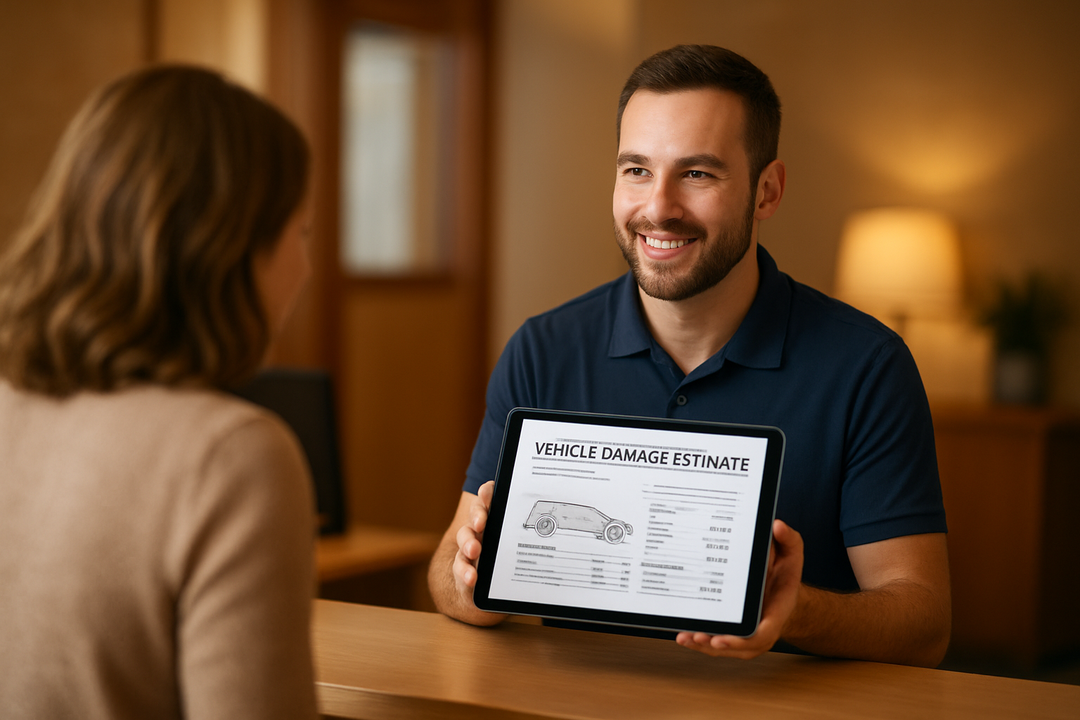 Service advisor reviewing a weekend auto body appointment estimate with a vehicle owner at the front desk