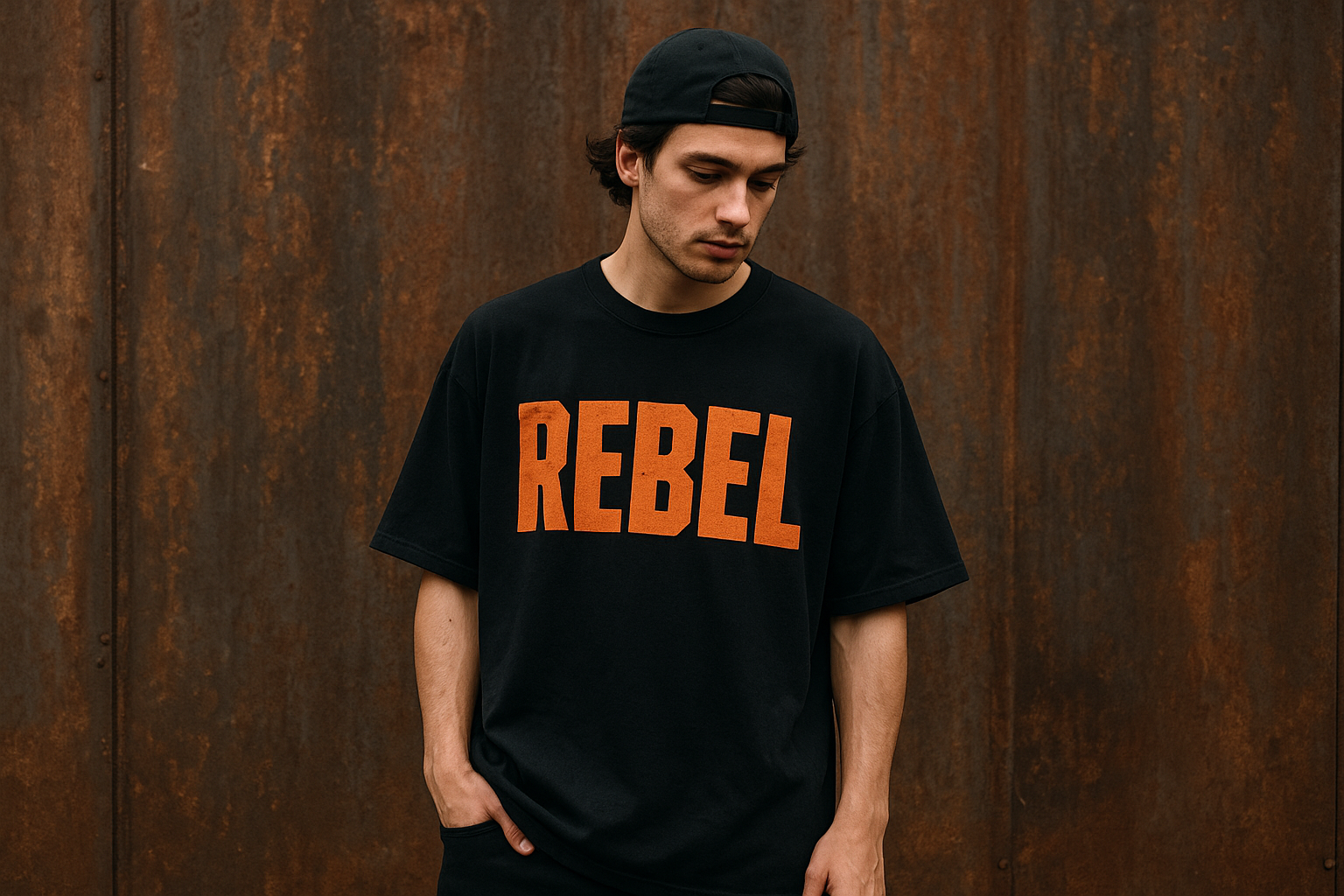 Person wearing a bold oversized rebellious style t-shirt outdoors