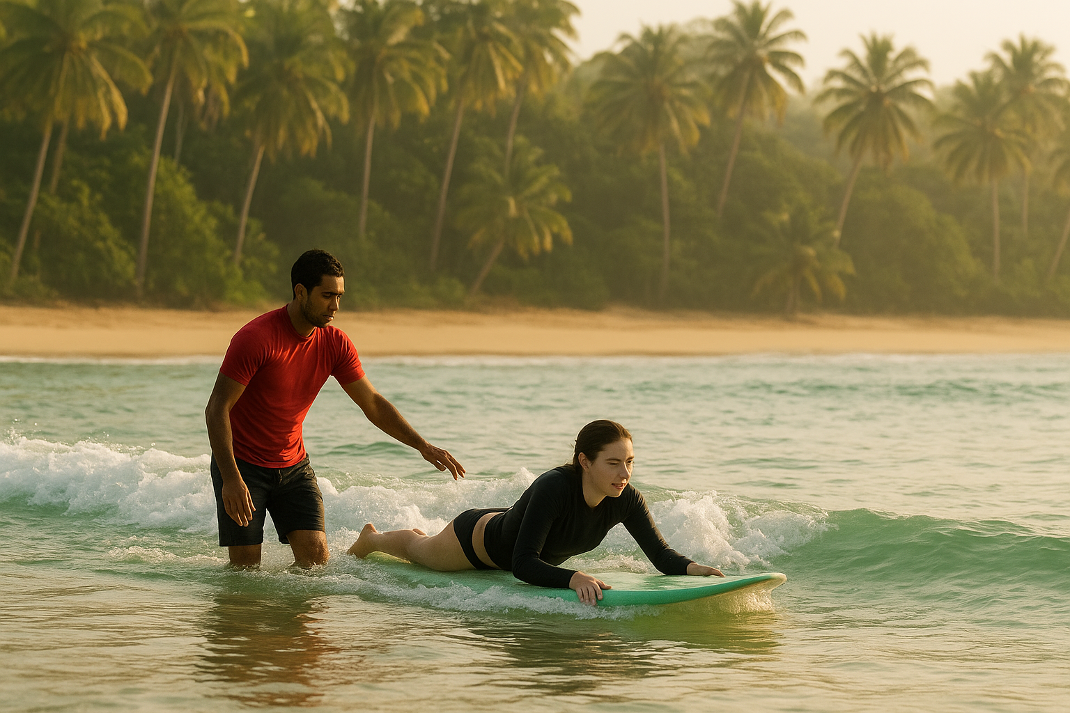 Instructor helping a beginner during Waikiki surf lessons in small whitewash waves