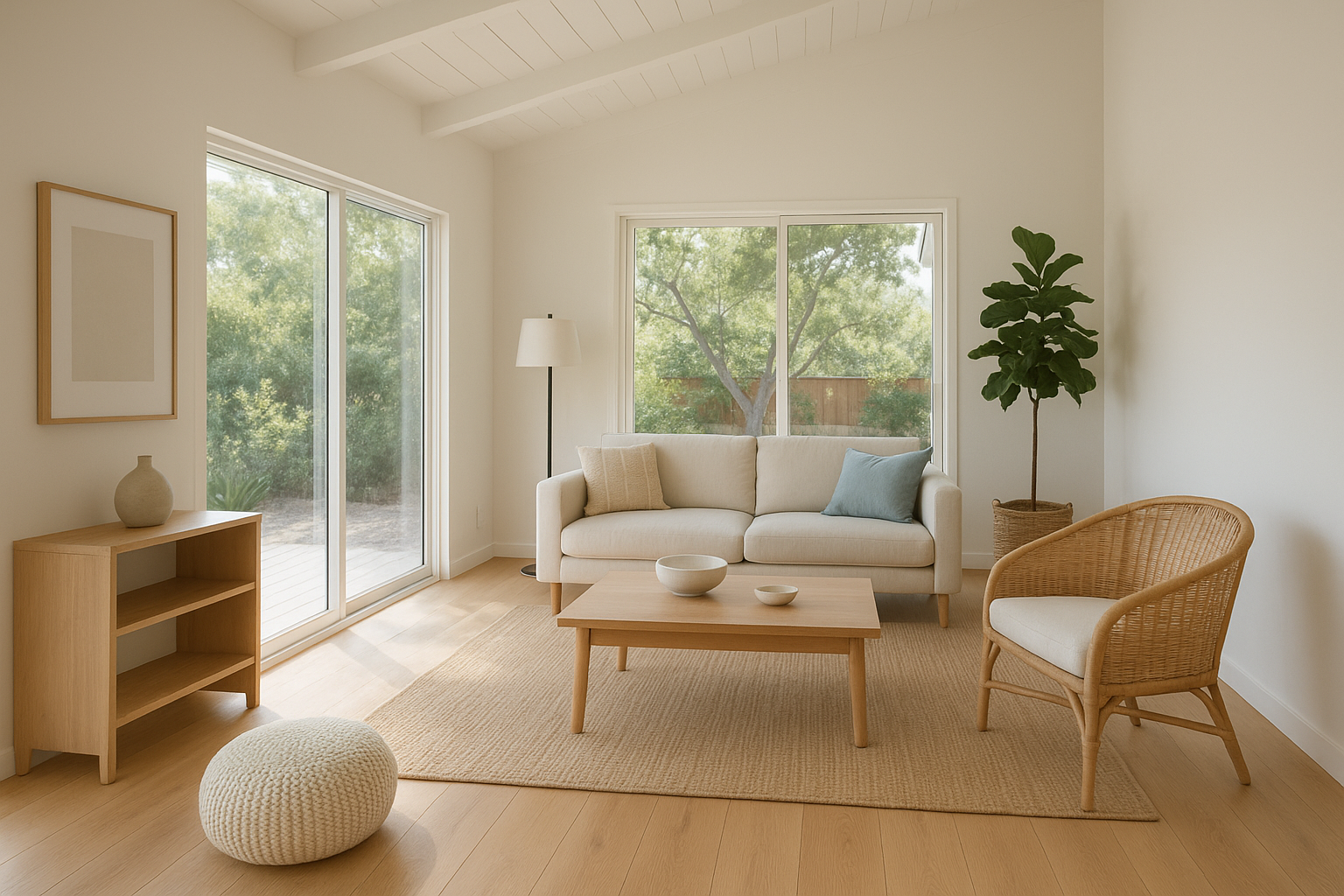 Bright interior of a modern prefab ADU guest house in California