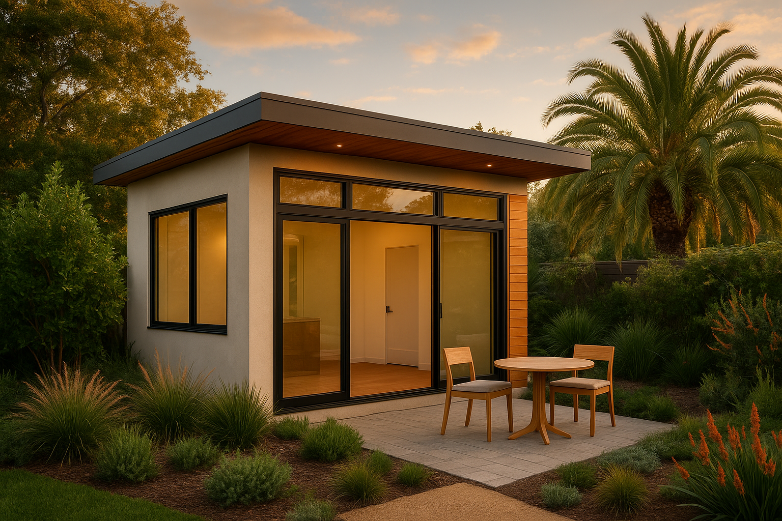 Modern detached ADU rental unit in a Southern California backyard with landscaping