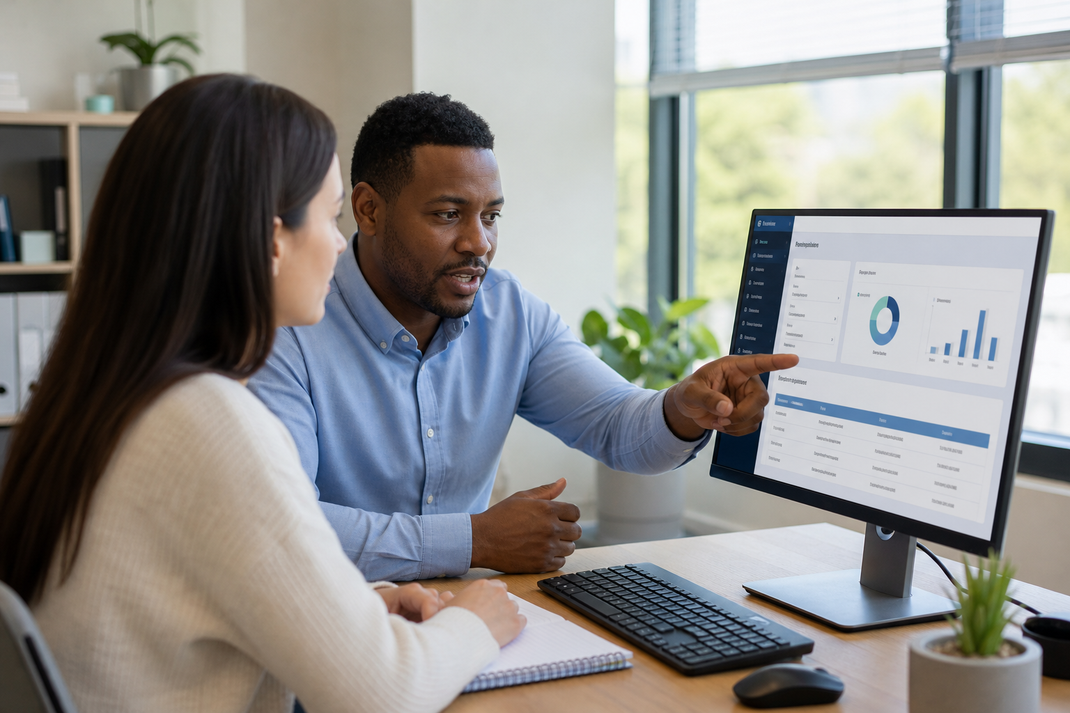 Manager training new hire on benefits enrollment software during HR technology rollout