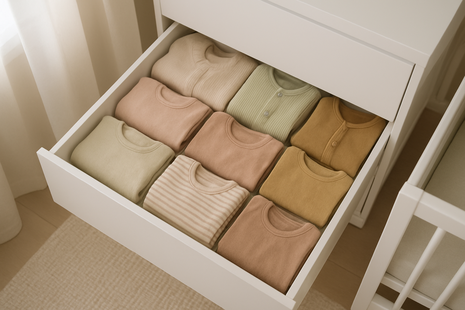 Organized children's wardrobe drawer filled with neatly folded baby and toddler clothes from a subscription service