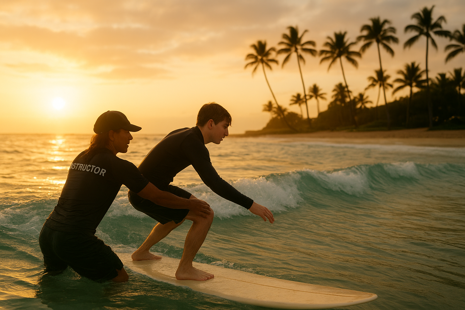 Instructor guiding a student during surf lessons on Oahu at sunrise