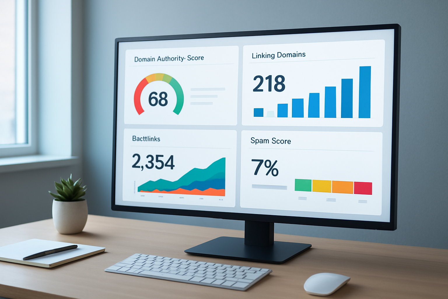 Backlink scan dashboard showing domain authority and spam score metrics on a monitor