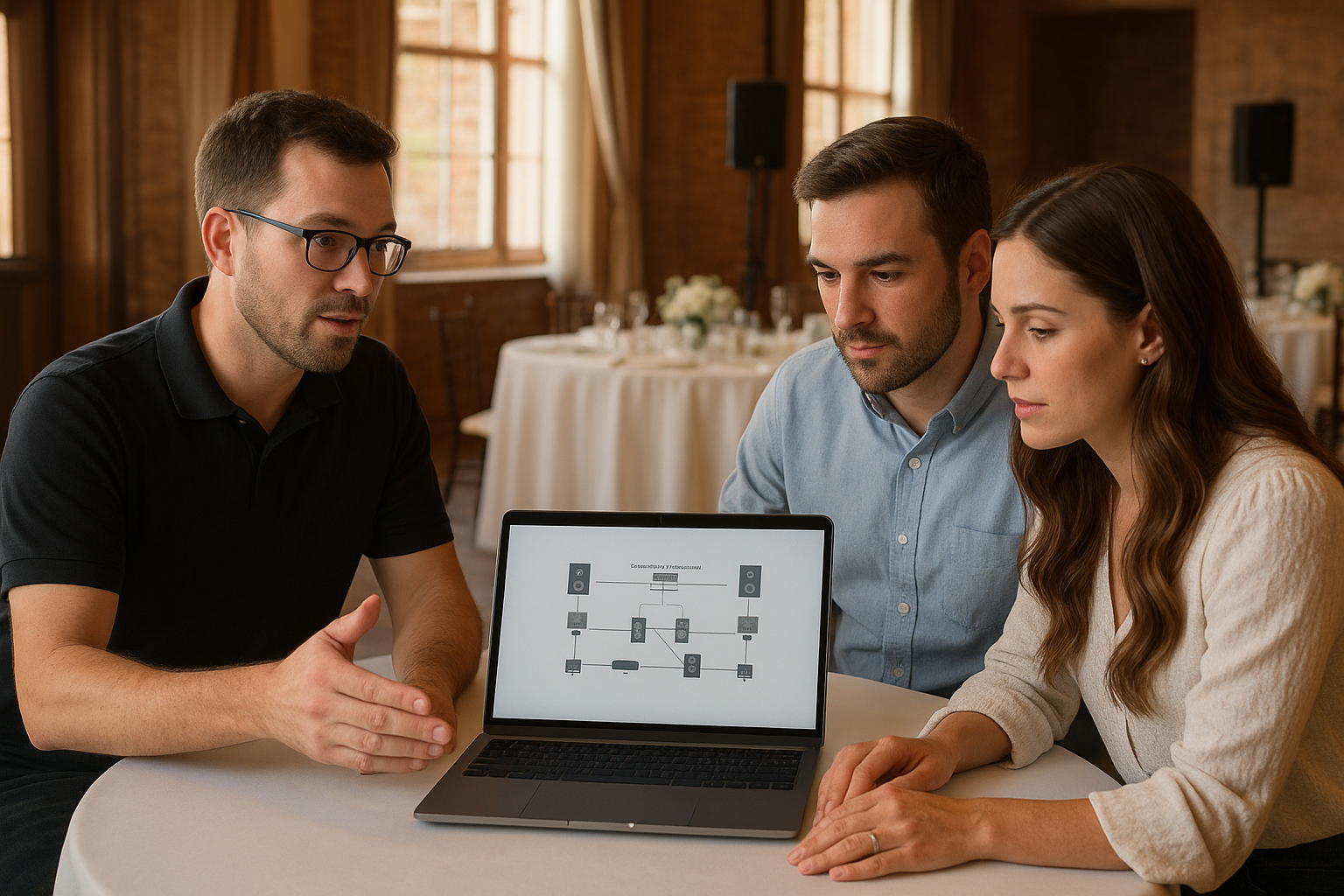 Event consultant and couple reviewing a professional AV consultation checklist at a wedding venue