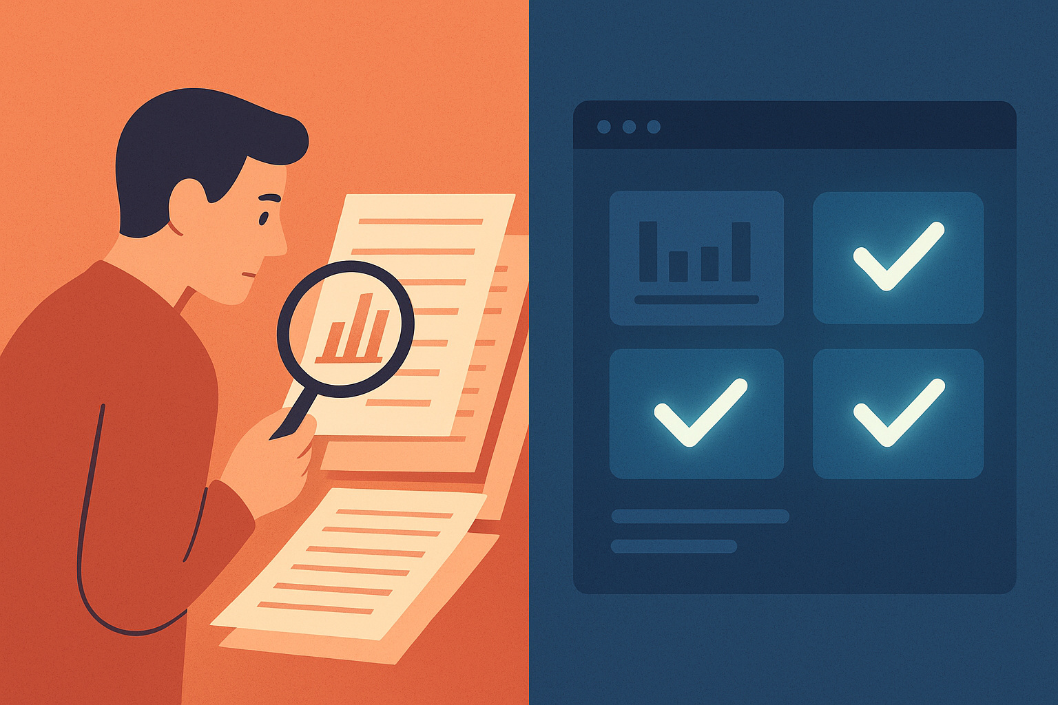 Side-by-side comparison of manual SEO review versus an automated content ranking tool dashboard