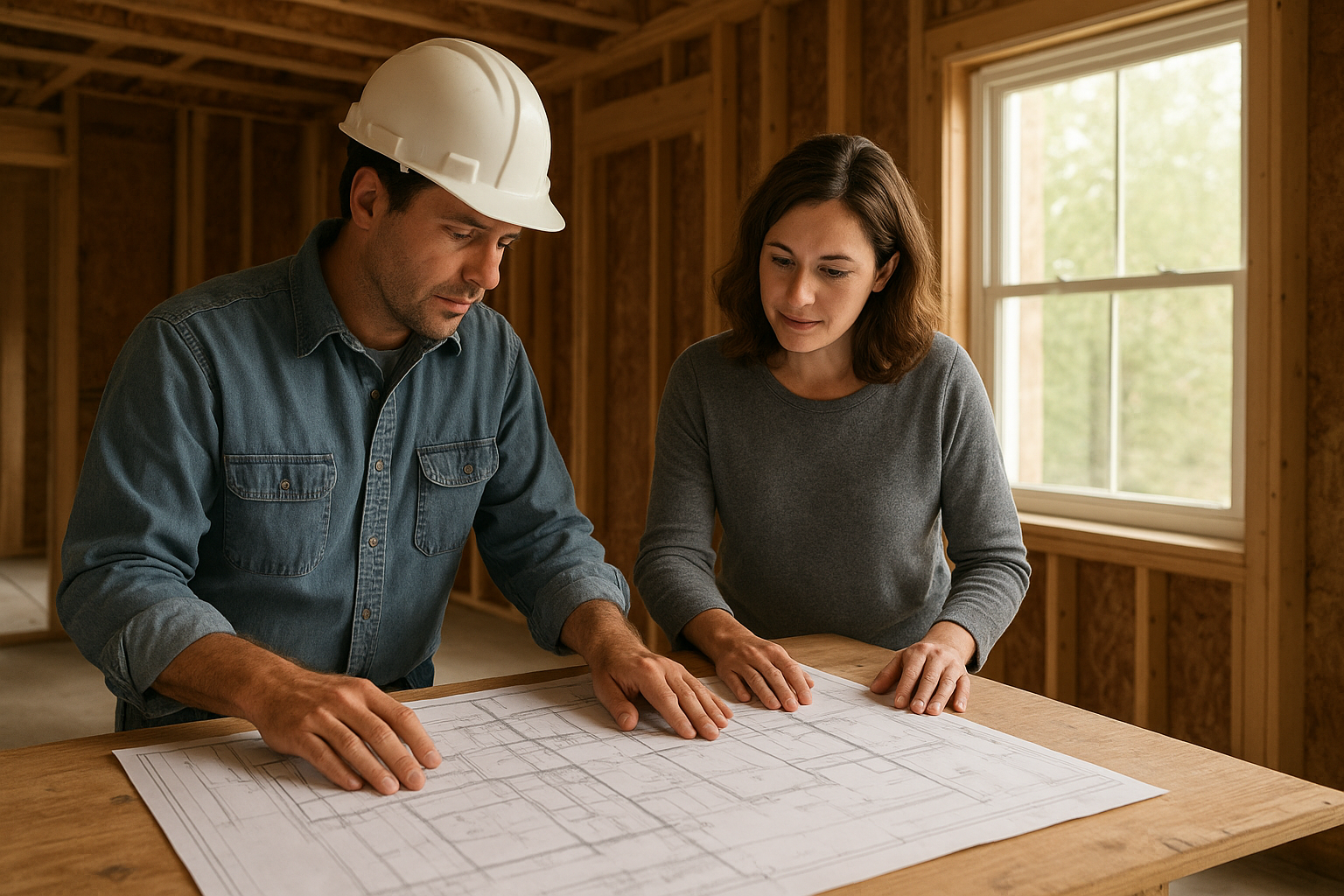 General contractor reviewing ADU permit plans with a Los Angeles County homeowner