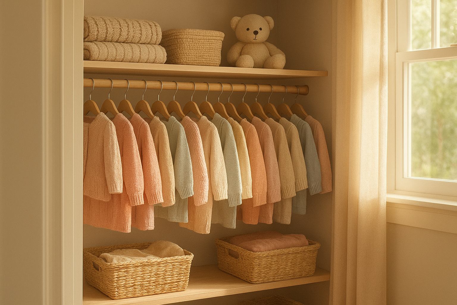 Rotating children's clothes organized neatly as part of a growing wardrobe rental service